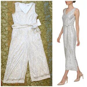 NWT Calvin Klein Sequin Jumpsuit Sleeveless Size 14 Palazzo Metallic Pocket $149